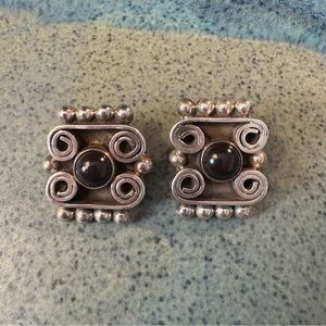 Sterling and Onyx Scrollwork Clip-on Earrings